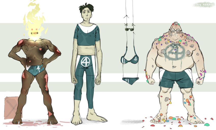 1girl 3boys absurdres artist_name bald barefoot ben_grimm bikini black_hair blue_bikini blue_shorts brother_and_sister burning burnt commentary covered_erect_nipples english_commentary facial_hair fantastic_four fat fat_man flaming_head gas_can glasses grin hands_on_own_hips highres husband_and_wife injury johnny_storm koralldiz male_swimwear marvel multiple_boys navel parody red_eyes reed_richards rock shorts siblings smile stretch_marks stubble sue_storm sunglasses swim_briefs swimsuit teeth toned toned_male what