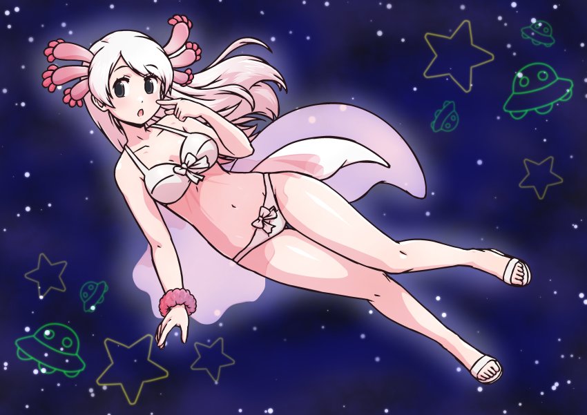 1girl absurdres acesrulez axolotl_girl axolotl_tail bare_legs bare_shoulders bikini bow bracelet brown_eyes collarbone commentary_request extra_ears finger_to_mouth full_body highres jewelry kemono_friends kemono_friends_3 long_hair mexico_salamander_(kemono_friends) sandals see-through_clothes solo space star_(sky) swimsuit ufo white_bikini white_bow white_hair white_sandals