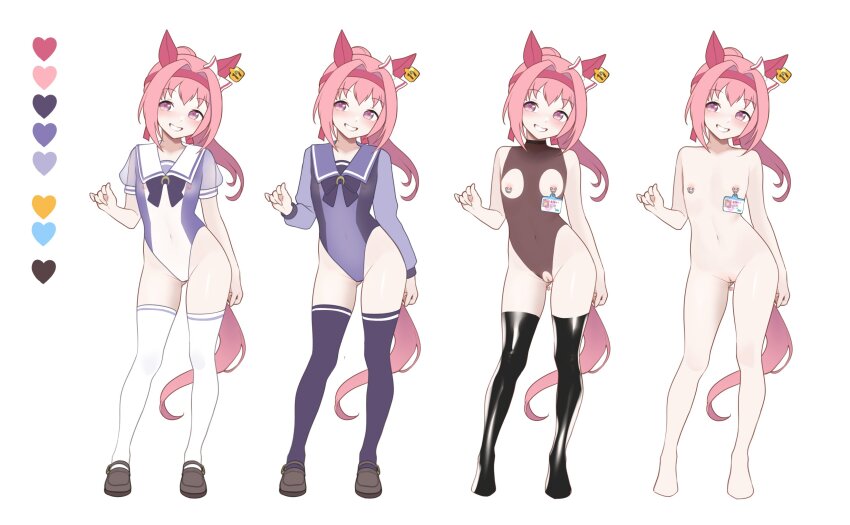 1girl absurdres adapted_costume animal_ears black_thighhighs blush bow bowtie brown_shoes commentary_request completely_nude contrapposto covered_erect_nipples crotchless crotchless_leotard ear_bow ear_covers ear_tag flat_chest full_body grin hair_intakes hairband haru_urara_(umamusume) highres horse_ears horse_girl horse_tail horseshoe_ornament leotard loafers long_hair looking_at_viewer multicolored_leotard multiple_views navel nipple_cutout nipple_piercing nipples nude piercing pink_eyes pink_hair puffy_short_sleeves puffy_sleeves purple_bow purple_bowtie purple_leotard pussy pussy_piercing red_hairband school_uniform shoes short_sleeves simple_background smile standing tail thighhighs tracen_school_uniform two-tone_leotard ugohato umamusume uncensored white_background white_bow white_leotard white_thighhighs