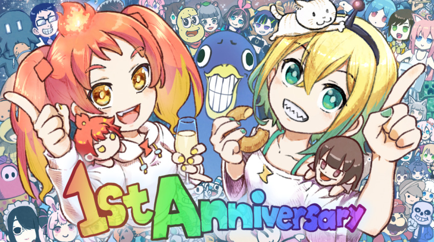 2others 6+boys 6+girls amano_pikamee among_us animal_ears anniversary annotation_request artemis_of_the_blue atelier_live bird blonde_hair blue_eyes brown_hair cat cat_ears champagne_flute character_request copyright_request creeper crewmate_(among_us) crossover cup cuphead cuphead_(game) dark-skinned_female dark_skin dark_souls_(series) dark_souls_i diogenes_(getting_over_it) donut drinking_glass echoes_(stand) echoes_act3 everyone facial_hair fall_guy fall_guys fire food fumino_tamaki fuzuki_miki getting_over_it ghast goose_(untitled_goose_game) gradient_hair green_hair green_nails gyari_(bird) henry_stickmin_(series) hikasa_shikatarou hikasa_tomoshika holding holding_cup holostars horns indie_virtual_youtuber itou_life_(vtuber) kizuna_ai kizuna_ai_(a.i._games) kizuna_ai_inc. little_nightmares luigi lyrica_(vtuber) mario mario_(series) minecraft mint_fantome mocca_liebeskind mode_aim mugman multicolored_hair multiple_boys multiple_girls multiple_others mustache nail_polish nekomiya_hinata nerine_(vtuber) nijisanji nintendo niwashidori_maki open_mouth partially_annotated peanuts-kun pink_hair pointing pointing_up ponpoko_(vtuber) raze_(valorant) red_hair ryusei_nova sans_(undertale) sharp_teeth six_(little_nightmares) socks_(amano_pikamee) solaire_of_astora streaked_hair super_bunny_man tea_kettle teeth temmie_chang_(character) tomari_mari twintails undertale untitled_goose_game valorant virtual_youtuber voms yukoku_roberu