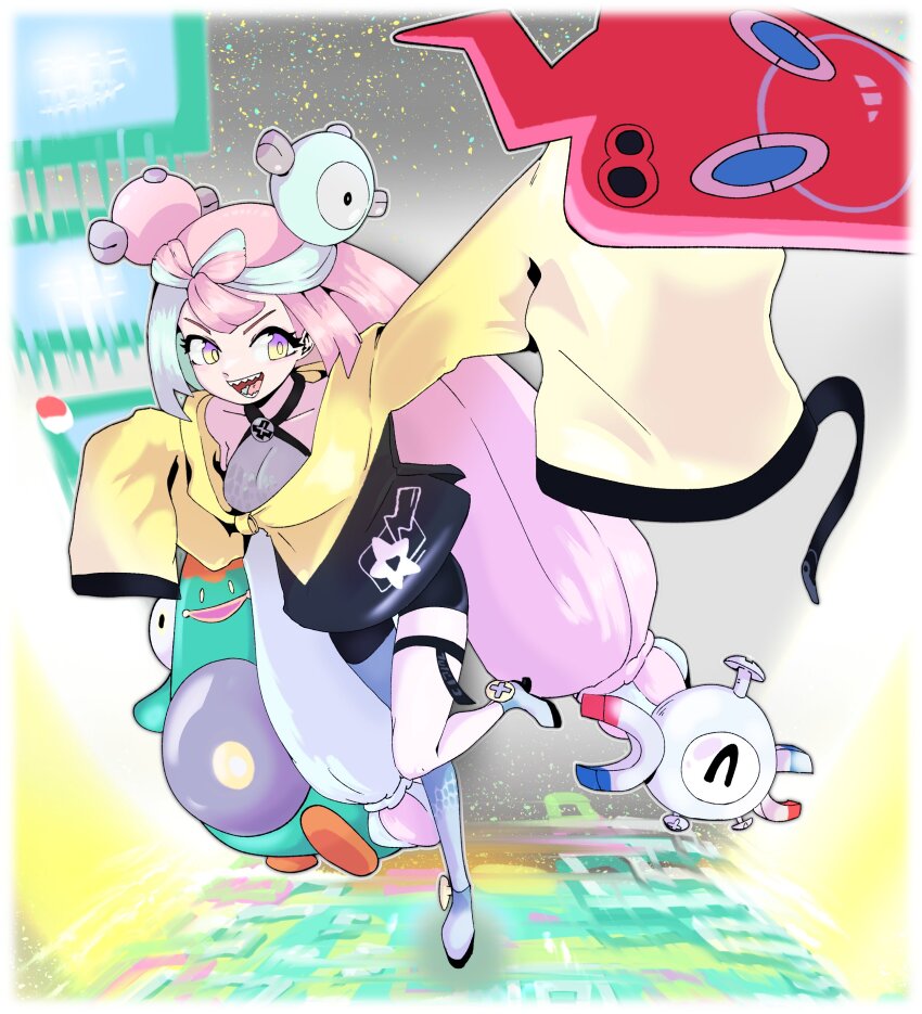 1girl :d absurdres bellibolt blue_hair bow-shaped_hair breasts character_hair_ornament creatures_(company) full_body game_freak gen_1_pokemon gen_4_pokemon grey_pantyhose grey_shirt grey_shoes hair_ornament hexagon_print highres iono_(pokemon) jacket long_hair long_sleeves looking_at_viewer low-tied_long_hair magnemite multicolored_hair nintendo open_mouth oversized_clothes pantyhose pink_hair pokemon pokemon_(creature) pokemon_sv positibe rotom rotom_phone sharp_teeth shirt shoes simple_background single_leg_pantyhose sleeveless sleeves_past_fingers sleeves_past_wrists smile split-color_hair standing teeth two-tone_hair very_long_sleeves x yellow_eyes yellow_jacket