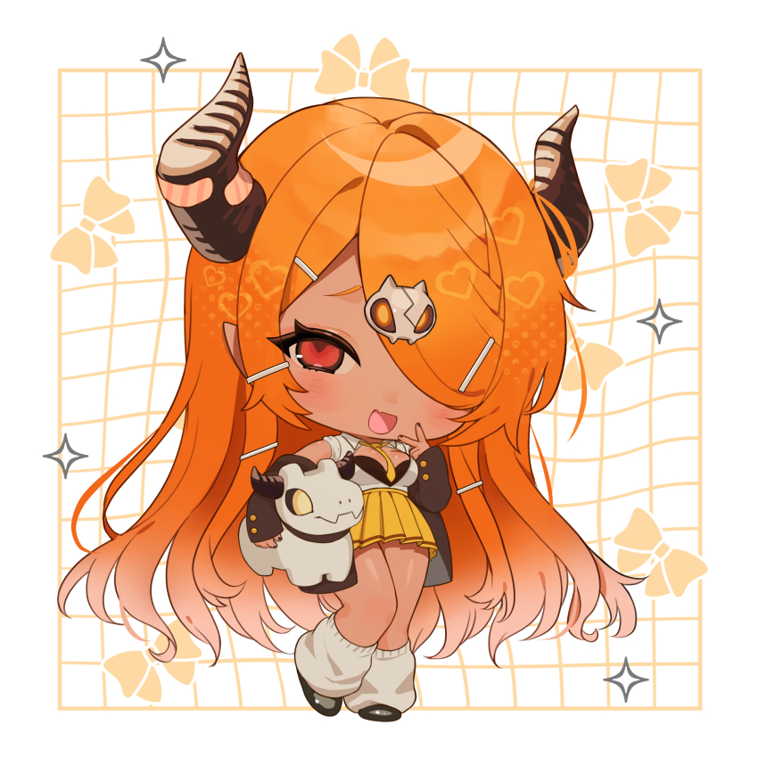 1girl black_bra black_horns black_nails black_shoes bow bra breasts chibi collared_shirt hair_ornament hair_over_one_eye hairpin highres horns indie_virtual_youtuber long_hair loose_socks magato_sera mizukuma_iro open_mouth orange_hair pleated_skirt pointy_ears red_eyes shirt shoes skirt sleeves_past_wrists socks solo tan underwear virtual_youtuber white_shirt white_socks yellow_skirt