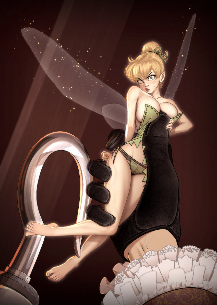 1boy 1girl absurdres alternate_breast_size_(larger) alternate_costume bare_legs bare_shoulders barefoot black_gloves blonde_hair blue_eyes blush breasts brown_background captain_hook closed_mouth commentary dress fairy fairy_wings feet frilled_sleeves frills gloves green_dress green_panties green_ribbon hair_ribbon highres holding hook_hand kusujinn large_breasts legs lips looking_at_viewer mini_person minigirl panties pov ribbon short_dress strapless strapless_dress symbol-only_commentary tinker_bell_(disney) toenails toes underwear v-shaped_eyebrows walt_disney&#039;s_peter_pan wings