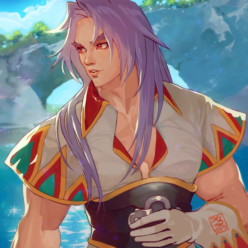1boy belt chrono_cross cliff fumezu1 gloves hair_over_shoulder highres karsh_(chrono_cross) long_hair looking_to_the_side male_focus multicolored_shirt muscular muscular_male ocean outdoors parted_bangs parted_lips pectorals purple_hair red_eyes short_sleeves solo sparkle thick_eyebrows upper_body white_gloves