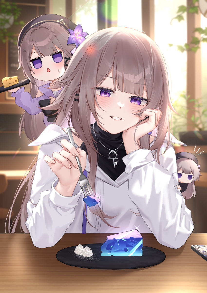 2girls absurdres blunt_bangs blurry blush brown_hair cafe cellphone cheese chibi commentary_request day depth_of_field dress elbow_rest flower food fork glint gold_trim hair_flower hair_ornament hand_on_own_cheek hand_on_own_face hat hat_flower head_tilt herta_(honkai:_star_rail) herta_(puppet)_(honkai:_star_rail) highres holding holding_fork holding_tray honkai:_star_rail honkai_(series) indoors jacket jewelry key key_necklace lens_flare long_hair long_sleeves looking_at_viewer menu_board multiple_girls necklace open_mouth parted_lips phone plant plate potted_plant purple_dress purple_eyes purple_flower shrimp_cake sidelocks silver_necklace smartphone smile sparkle sweat table teeth the_herta_(honkai:_star_rail) tray triangle_mouth very_long_hair whipped_cream white_jacket wooden_table x_hair_ornament