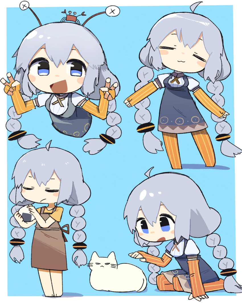 1girl :3 :d absurdres ahoge black_dress blue_background blue_eyes blush_stickers border braid breasts cat chibi chibi_only closed_eyes closed_mouth commentary crab_on_head cross_tie double_v dress food gloves grey_hair highres kizuna_akari konohoshi long_hair low_twin_braids multiple_views onigiri open_mouth orange_gloves orange_pantyhose pantyhose shirt short_sleeves smile striped_clothes striped_gloves striped_pantyhose twin_braids v vertical-striped_clothes vertical-striped_gloves vertical-striped_pantyhose very_long_hair voiceroid white_border white_cat white_shirt