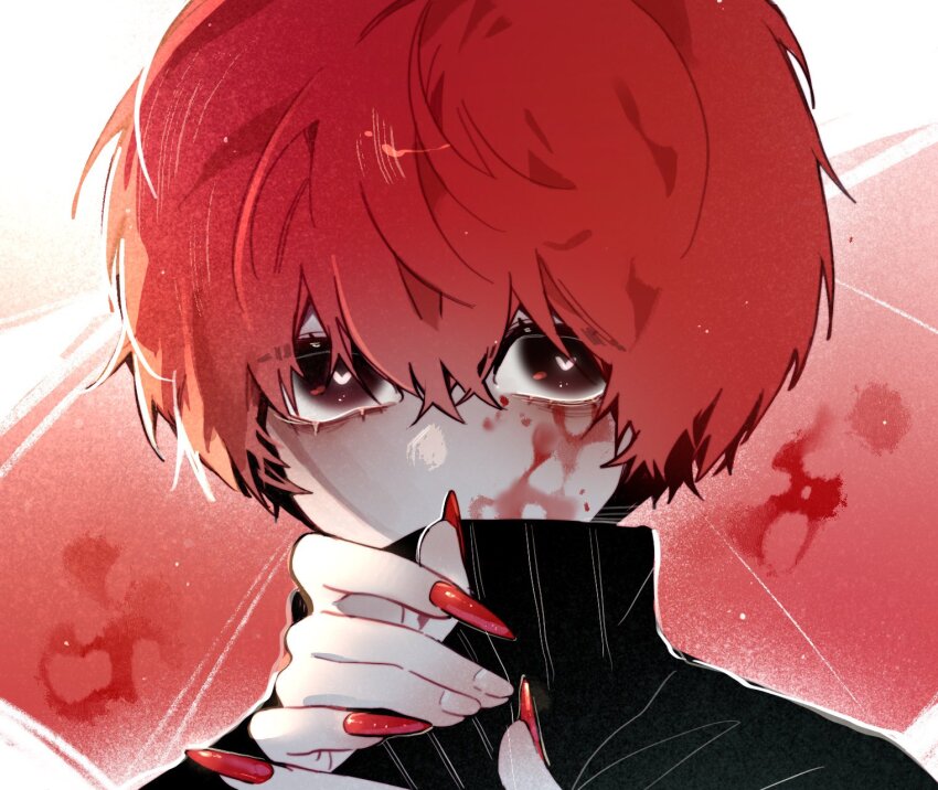 1boy black_sweater blood blood_on_face fingernails highres homicipher long_fingernails looking_at_viewer male_focus mr._scarletella red_eyes red_hair red_nails red_umbrella sharp_fingernails short_hair solo sweater sweeeet_him turtleneck turtleneck_sweater umbrella