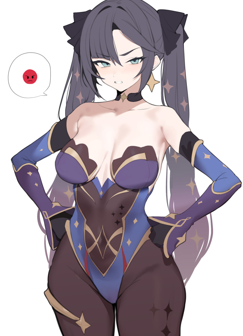 1girl annoyed bare_shoulders black_choker black_gloves black_hair blue_leotard bodystocking breasts choker clenched_hands clenched_teeth collarbone covered_navel cowboy_shot earrings genshin_impact gloves green_eyes hands_on_own_hips highres jewelry large_breasts leotard long_hair looking_at_viewer mona_(genshin_impact) no_headwear simple_background single_earring solo spoken_emoji star_(symbol) star_earrings strapless strapless_leotard teeth thighlet toma_(toma50) twintails v-shaped_eyebrows very_long_hair white_background wide_hips