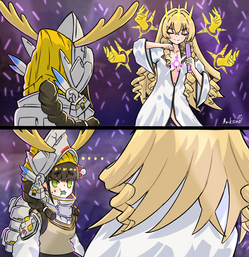 2girls absurdres backsine beanie brown_sweater_vest chime_(nikke) crown_(naked_king)_(nikke) crown_(nikke) disembodied_hand drill_hair goddess_of_victory:_nikke hat helmet highres light_censor meme multiple_girls naked_robe naked_shirt open_clothes open_robe robe shikairo_days_dance_(meme) shikanoko_nokonoko_koshitantan shirt sparkle_hair_ornament surrounded_by_hands sweater_vest white_robe yellow_hat