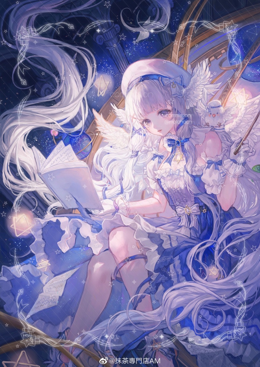 1girl absurdres bird blush book bow breasts chinese_commentary column commentary_request commission dress english_text engrish_text gloves hair_ornament hat head_wings hexagram highres holding long_hair looking_at_viewer maccha_(mochancc) night night_sky original parted_lips pillar purple_eyes ranguage ribbon sidelocks sky smile solo star_(sky) star_of_david wand watermark weibo_watermark white_hair wings