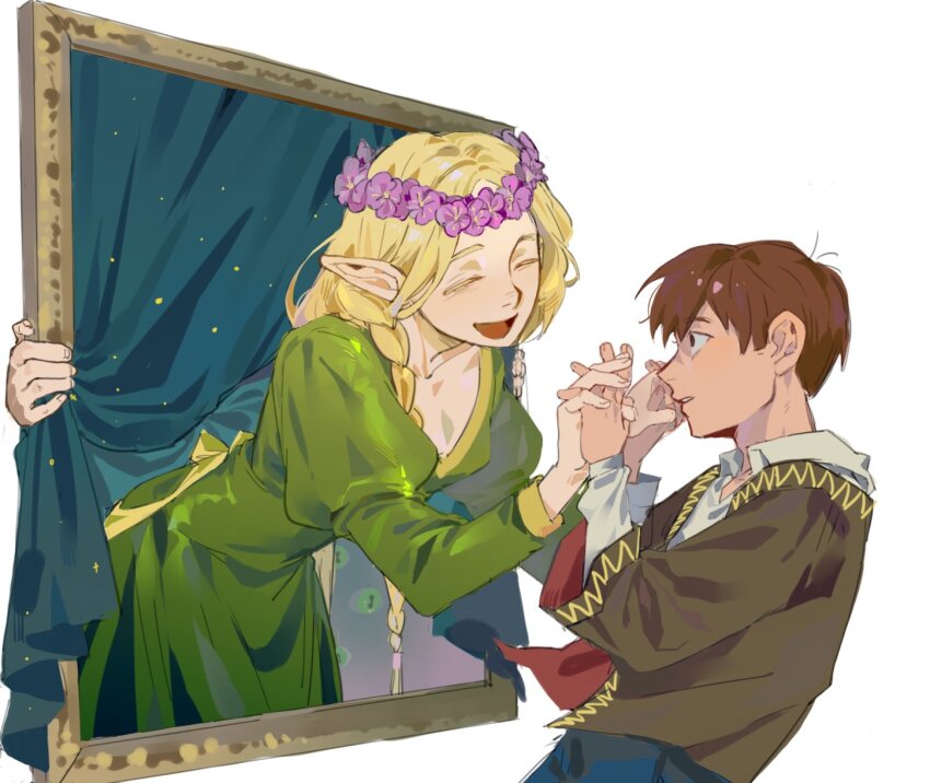 1boy 1girl ascot back_bow blonde_hair bow braid brown_eyes brown_hair brown_tunic chilchuck_tims closed_eyes collarbone collared_shirt curtains dress dungeon_meshi fingernails flower green_dress hands_up head_wreath hetero highres holding_hands juliet_sleeves kugai697139 long_hair long_sleeves looking_at_another marcille_donato open_mouth picture_frame pointy_ears puffy_long_sleeves puffy_sleeves purple_flower shirt short_hair simple_background smile standing teeth tunic twin_braids white_ascot white_background white_shirt wide_sleeves yellow_bow