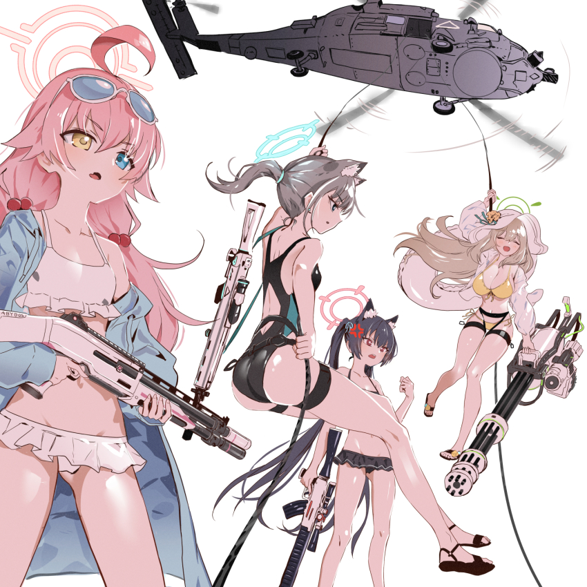 4girls ahoge aircraft animal_ears ass assault_rifle benelli_m4_super_90 beretta_1301 beretta_ar70/90 bikini bikini_skirt black_bikini black_hair blue_archive blue_eyes breasts cat_ears closed_eyes collarbone competition_swimsuit extra_ears eyewear_on_head frilled_bikini frills gatling_gun groin gun hair_ornament halo hat helicopter highres holding holding_gun holding_weapon hoshino_(blue_archive) hoshino_(swimsuit)_(blue_archive) large_breasts light_brown_hair long_hair m134_minigun medium_hair messy_hair minigun multiple_girls navel nonomi_(blue_archive) nonomi_(swimsuit)_(blue_archive) official_alternate_costume one-piece_swimsuit open_mouth pink_hair ponytail rappelling red_eyes revision rifle ryoma_(rym_369) sandals serika_(blue_archive) serika_(swimsuit)_(blue_archive) sh-60_seahawk shiroko_(blue_archive) shiroko_(swimsuit)_(blue_archive) shotgun sig_sauer sig_sauer_556 simple_background small_breasts smile sun_hat sunglasses swimsuit twintails very_long_hair weapon white_background white_bikini wolf_ears yellow_bikini yellow_eyes