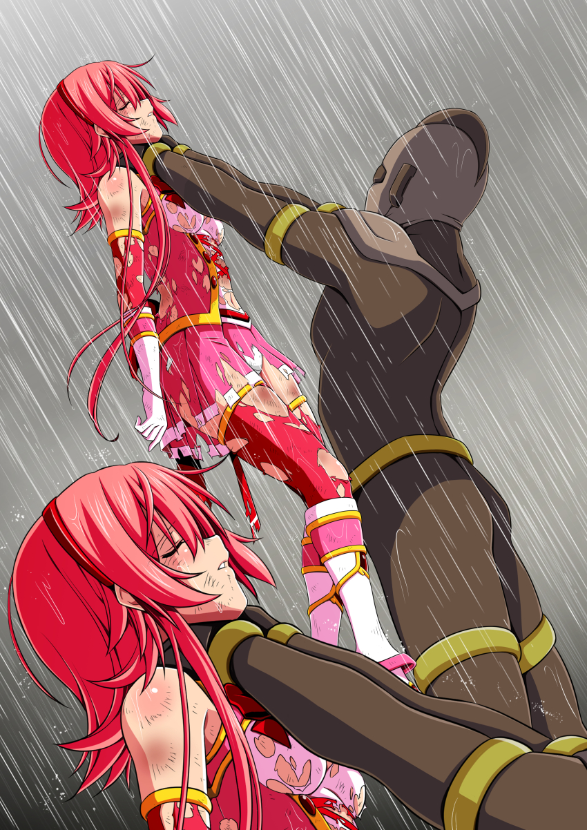 1boy 1girl absurdres abuse arms_at_sides asphyxiation back_bow battle beaten blush body_blush bodysuit boots bow breasts brown_bodysuit brown_helmet bruise bruise_on_arm bruise_on_face bruise_on_leg bruise_on_stomach character_request closed_eyes clover_rose collared_dress defeat detached_sleeves dirty dirty_clothes dress elbow_gloves fainted feet_out_of_frame fighting from_side full_body gloves hairband hands_on_another&#039;s_arms hands_on_another&#039;s_neck hanging_legs height_difference helmet highres huge_bow immobilization injury knee_boots koeda0111 lace lace-trimmed_dress lace_trim lifting_person long_sidelocks magical_girl miniskirt multicolored_footwear multicolored_skirt multiple_views navel neck_lift original outdoors pain panties pantyshot parted_lips peril pink_boots pink_dress pink_gloves pink_hair pink_skirt pink_sleeves pink_thighhighs pleated_skirt profile rain red_bow red_hairband ryona scratches short_dress short_hair_with_long_locks skirt sleeveless sleeveless_dress slim_legs small_breasts storm strangling tall_male teeth thighhighs torn torn_clothes torn_dress torn_skirt torn_thighhighs unconscious underwear utsugi_chisaki very_long_sidelocks violence wet yotsuba_no_senki_clover_rose zettai_ryouiki zoom_layer