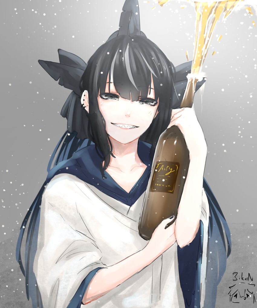 1girl absurdres alcohol artemis_of_the_blue atelier_live black_eyes black_hair black_nails champagne_bottle character_name commentary ear_piercing english_commentary grey_background hair_ribbon highres hood hood_down hoodie mikanmochi_(mikanmoch1) piercing ponytail red_ribbon ribbon shark_fin shark_girl sharp_teeth solo teeth virtual_youtuber white_hoodie wide_sleeves