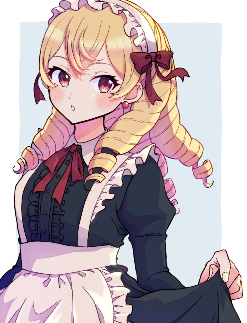 1girl apron black_dress blonde_hair bow dress drill_hair earrings fire_emblem fire_emblem_awakening gogatsu_(yeaholiday) hair_bow highres jewelry long_hair long_sleeves looking_at_viewer maid maid_apron maid_headdress maribelle_(fire_emblem) nintendo parted_lips red_bow red_eyes skirt_hold solo sphere_earrings upper_body