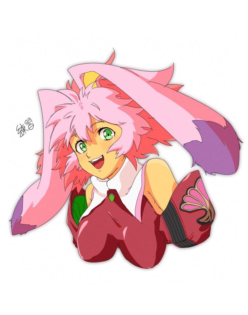 1girl animal_ears bare_shoulders breasts detached_sleeves colored_bangs green_eyes highres large_breasts long_hair looking_at_viewer medium_breasts open_mouth pink_hair rabbit_ears seraphita_(xenogears) simple_background smile solo syako white_background xenogears