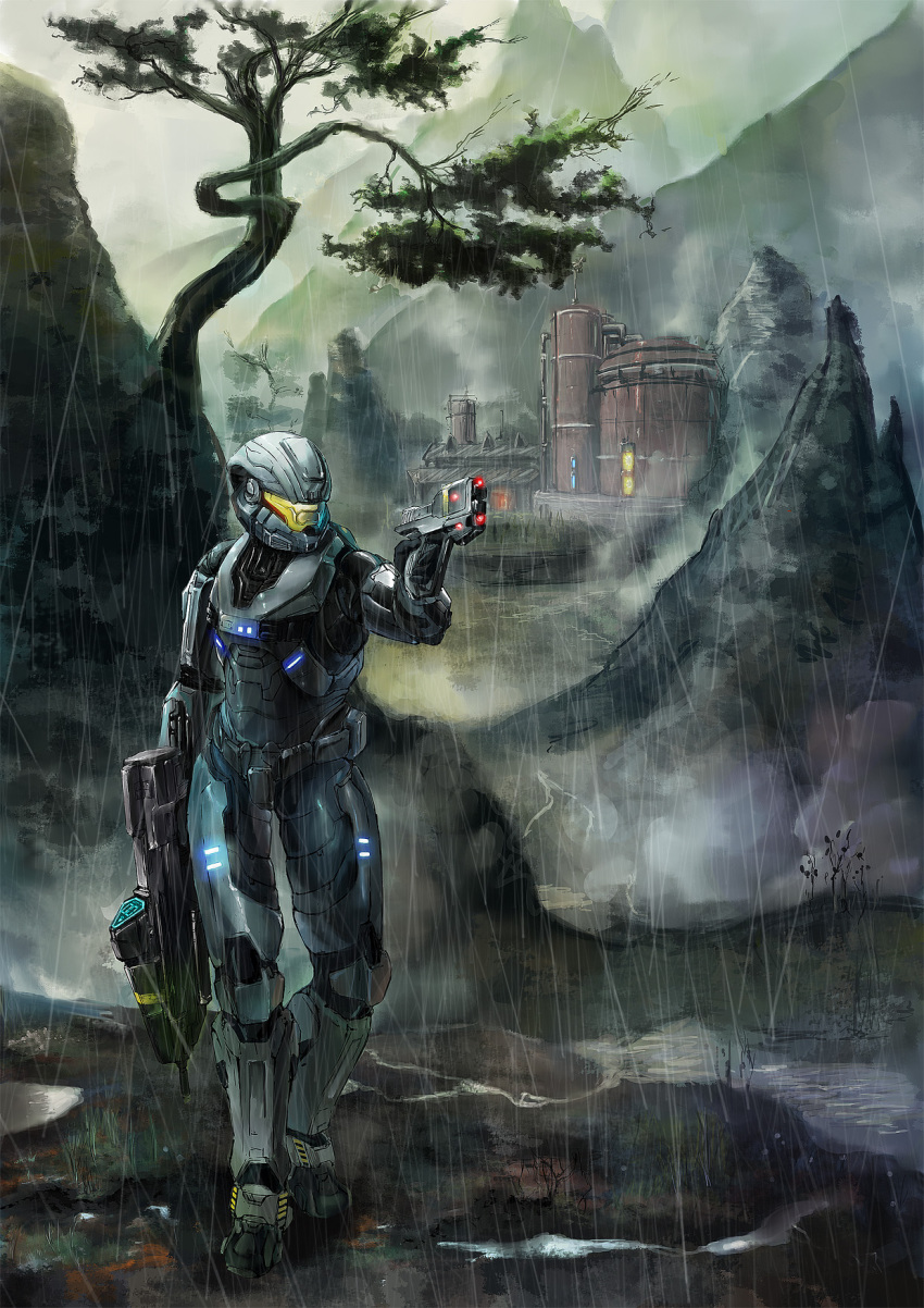 androgynous armor assault_rifle bullpup farm full_body gear_(zcjx999) gender_request gun halo:_reach halo_(game) halo_(series) handgun helmet highres male_focus mountain nature outdoors power_suit rain rifle scenery solo spartan spartan-b312 spartan_(halo) tree weapon