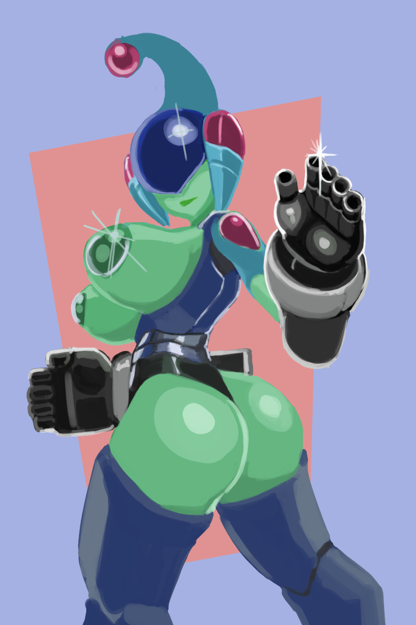 anythinggoes ass breasts covered_eyes cyborg digimon digimon_(creature) fins frog_girl glowing head_fins helmet highres monster_girl oridigi ranamon