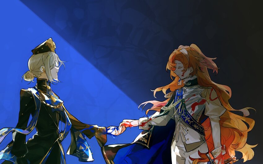 2girls blood blood_on_face blue_background blue_liquid braid closed_eyes double_side_ponytail hair_bun hair_over_eyes high_collar holding_hands jacket long_hair military_jacket military_uniform multiple_girls orange_hair parted_bangs profile rekka reverse:1999 single_side_bun sonetto_(reverse:1999) vertin_(reverse:1999)