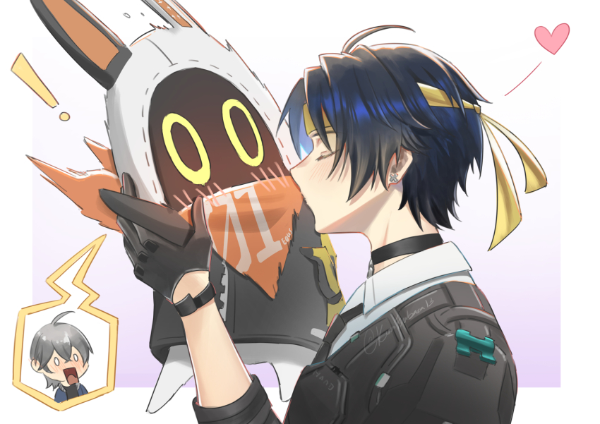 1other 2boys armor asaba_harumasa black_choker black_gloves black_hair black_necktie choker closed_eyes earrings eous_(zenless_zone_zero) gloves grey_hair headband highres jewelry kuro_tsubasa male_focus multiple_boys necktie o_o open_mouth shirt short_hair shoulder_armor white_shirt wise_(zenless_zone_zero) yellow_headband zenless_zone_zero