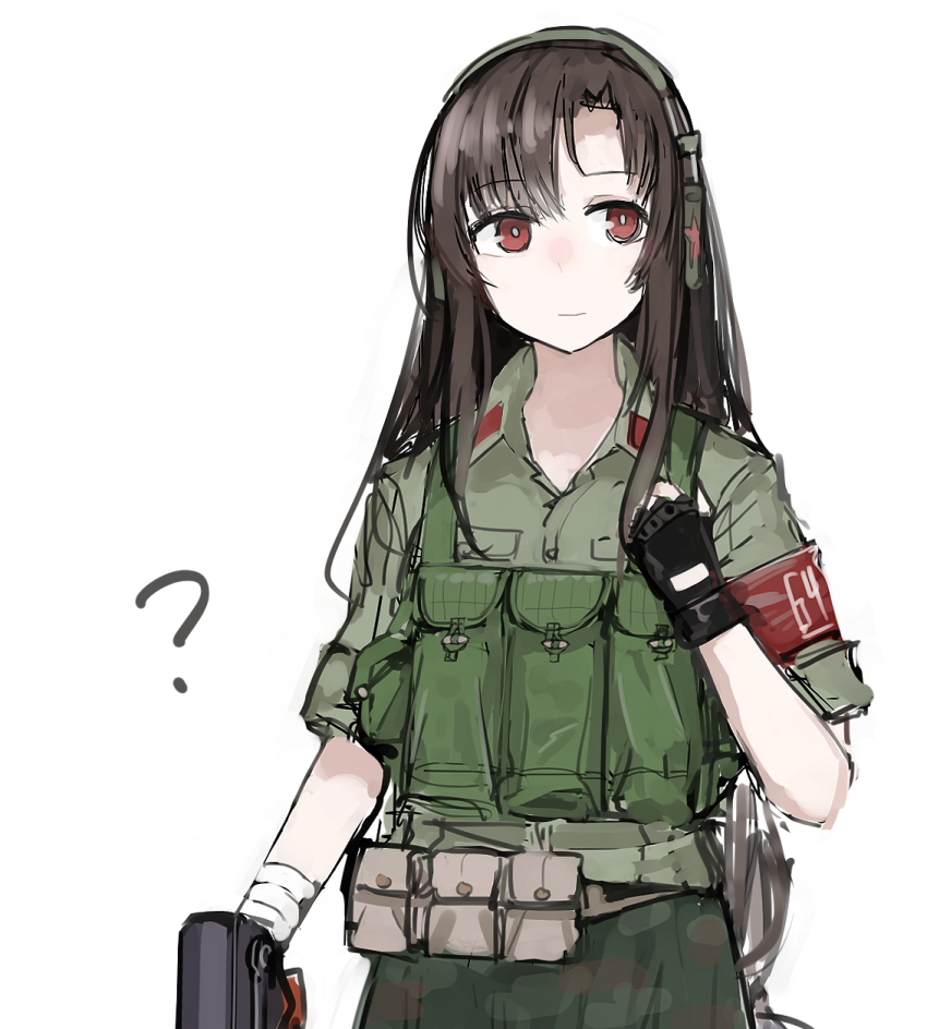 1girl ? armband asymmetrical_bangs belt belt_pouch black_gloves brown_hair closed_mouth collared_shirt cowboy_shot female_focus fingerless_gloves girls&#039;_frontline gloves green_shirt gun headset highres integrally-suppressed_firearm long_hair pouch rampart1028 red_eyes shirt simple_background solo submachine_gun type_64_(girls&#039;_frontline) type_64_smg vest weapon white_background