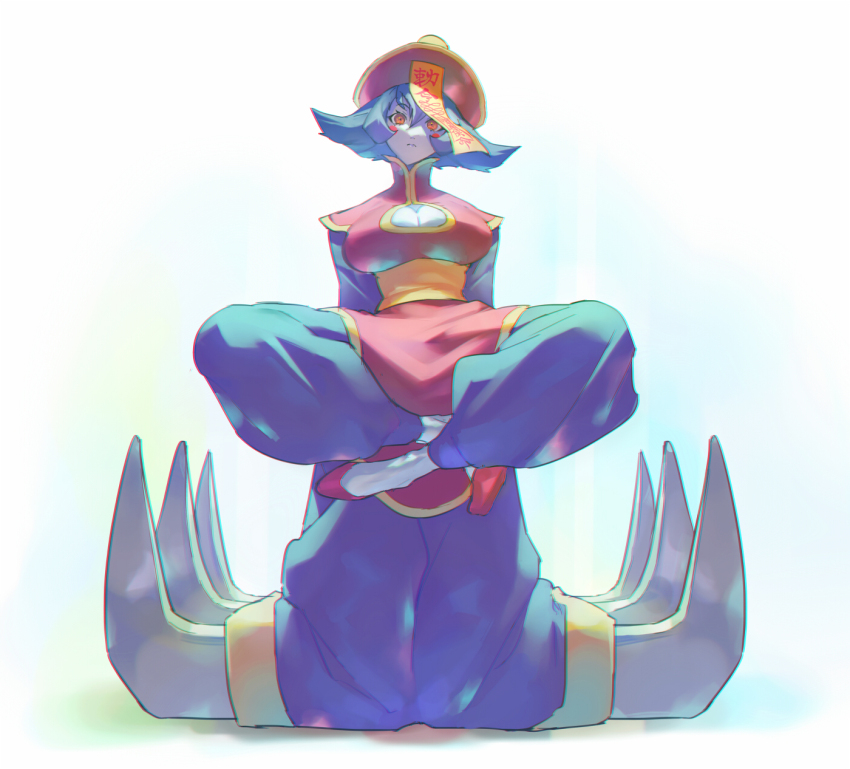 1girl blue_hair blue_skin breasts chinese_clothes claws cleavage cleavage_cutout clothing_cutout colored_skin commentary crossed_ankles darkstalkers flipped_hair hat highres hsien-ko jiangshi large_breasts ofuda qingdai_guanmao red_eyes short_hair solo talgi
