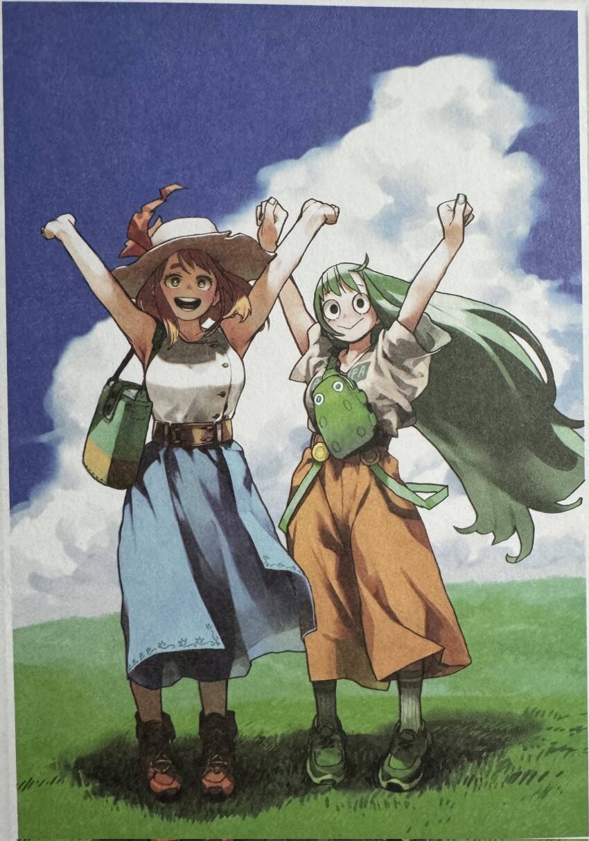 2girls aged_up armpits arms_up asui_tsuyu bag belt blue_dress boku_no_hero_academia brown_hair buttons closed_mouth cloud cloudy_sky day dress grass green_hair hat highres horikoshi_kouhei long_hair looking_at_viewer multiple_girls open_mouth orange_pants pants photo_(medium) shirt shoes short_hair sky sleeveless sleeveless_shirt smile socks teeth third-party_source uraraka_ochako very_long_hair white_shirt