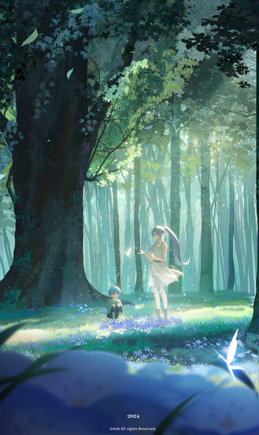 1boy 1girl 2024 absurdres alternate_costume belt black_belt black_pants blue_flower blue_hair blurry blurry_foreground boots brown_boots bug butterfly child collarbone commentary_request copyright_notice depth_of_field dress floating_hair flower forest frieren grass green_eyes grey_shirt hands_on_own_knees hek_(pixiv_21737880) highres himmel_(sousou_no_frieren) insect knees_up long_hair magic nature pants parted_lips shade shadow shirt short_dress short_hair sitting sleeveless sleeveless_dress sousou_no_frieren standing sunlight tree twintails white_dress white_hair wide_shot