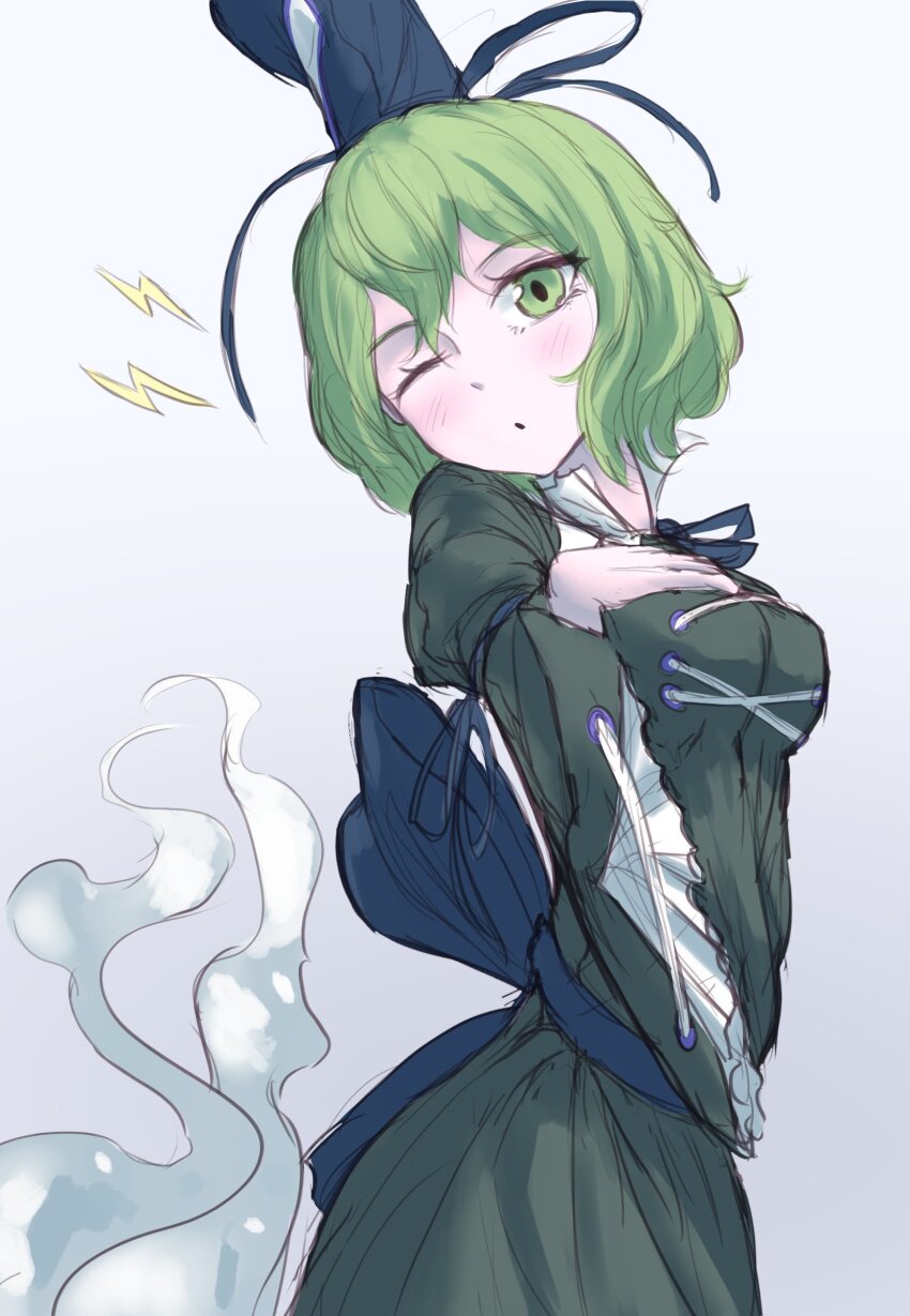 1girl absurdres black_hat commentary dress ghost_tail gradient_background green_dress green_eyes green_hair grey_background hashtag-only_commentary hat highres juliet_sleeves lightning_bolt_symbol long_sleeves looking_at_viewer one_eye_closed puffy_sleeves pygrenix short_hair soga_no_tojiko solo tate_eboshi touhou