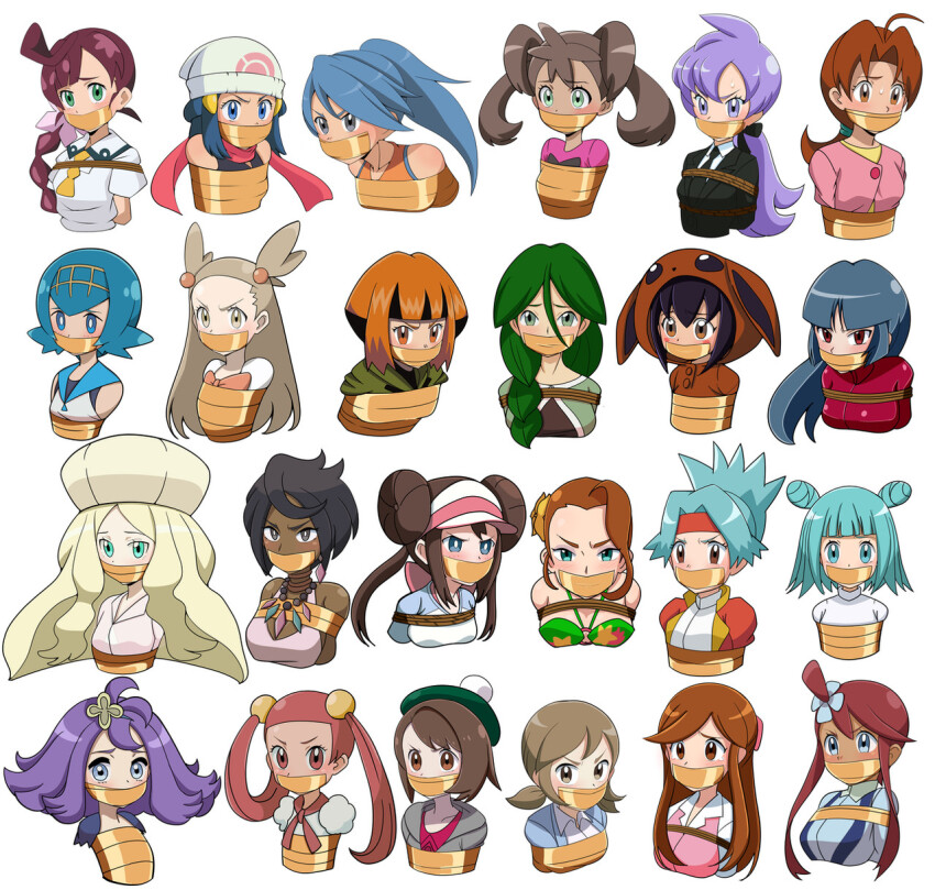 acerola_(pokemon) anabel_(pokemon) arms_behind_back battle_girl_(pokemon) bdsm bondage bound caitlin_(pokemon) cheryl_(pokemon) chloe_(pokemon) collarbone cosplay dawn_(pokemon) delia_ketchum eevee eevee_(cosplay) gag gagged gardenia_(pokemon) gen_1_pokemon gloria_(pokemon) harusame_zensen highres improvised_gag jasmine_(pokemon) jovi_(pokemon) lana_(pokemon) lass_(pokemon) mira_(pokemon) nintendo office_worker_(pokemon) olivia_(pokemon) poke_kid_(pokemon) pokemon pokemon_(anime) pokemon_(classic_anime) pokemon_bw pokemon_bw2 pokemon_dppt pokemon_dppt_(anime) pokemon_frlg pokemon_hgss pokemon_journeys pokemon_oras pokemon_ranger pokemon_ranger_1 pokemon_sm pokemon_swsh pokemon_xd pokemon_xy rosa_(pokemon) sabrina_(pokemon) shauna_(pokemon) skyla_(pokemon) solana_(pokemon) swimmer_(pokemon) tape tape_bondage tape_gag