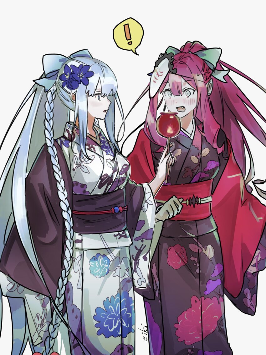! 2girls baobhan_sith_(fate) black_kimono blue_eyes blue_flower blue_hair blush braid candy_apple cernunnos_(fate) character_mask earrings eiki_(eikityou_55) fang fate/grand_order fate_(series) floral_print floral_print_kimono flower food grey_eyes hair_flower hair_ornament hair_ribbon hand_up highres holding holding_food japanese_clothes jewelry kimono mask mask_on_head morgan_le_fay_(fate) morgan_le_fay_(fgo_fes._2023)_(fate) mother_and_daughter multiple_girls obi open_mouth pink_hair pointy_ears ponytail print_kimono red_kimono ribbon sash sidelocks single_braid surprised white_background white_kimono wide_sleeves