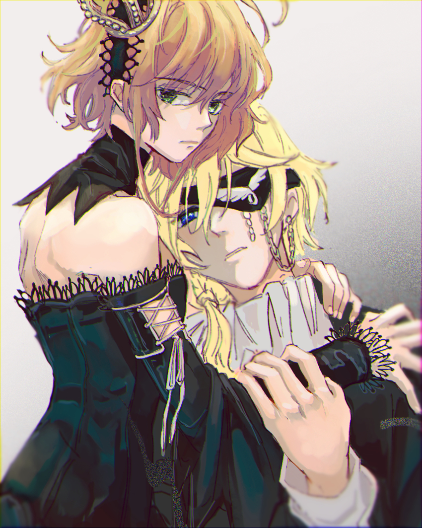 1boy 1girl antenna_hair black_dress black_sleeves blonde_hair blue_eyes brown_hair chain closed_mouth crown detached_collar detached_sleeves dress eyepatch fai_d._flowright green_eyes grey_background hair_between_eyes hair_over_shoulder highres koyomania long_hair long_sleeves looking_at_viewer mini_crown parted_lips sakura_hime sidelocks strapless strapless_dress tsubasa_chronicle upper_body