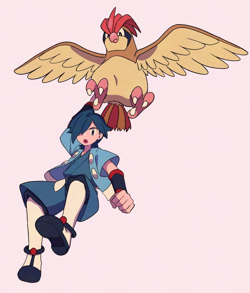 1boy :o arm_up black_footwear blue_jacket buttons clenched_hand falkner_(pokemon) gen_1_pokemon hair_over_one_eye hanging highres jacket japanese_clothes kimono looking_down male_focus nintendo open_clothes open_jacket open_mouth pidgeotto pokemon pokemon_(creature) pokemon_hgss shoes short_hair simple_background socks tyako_089 white_socks