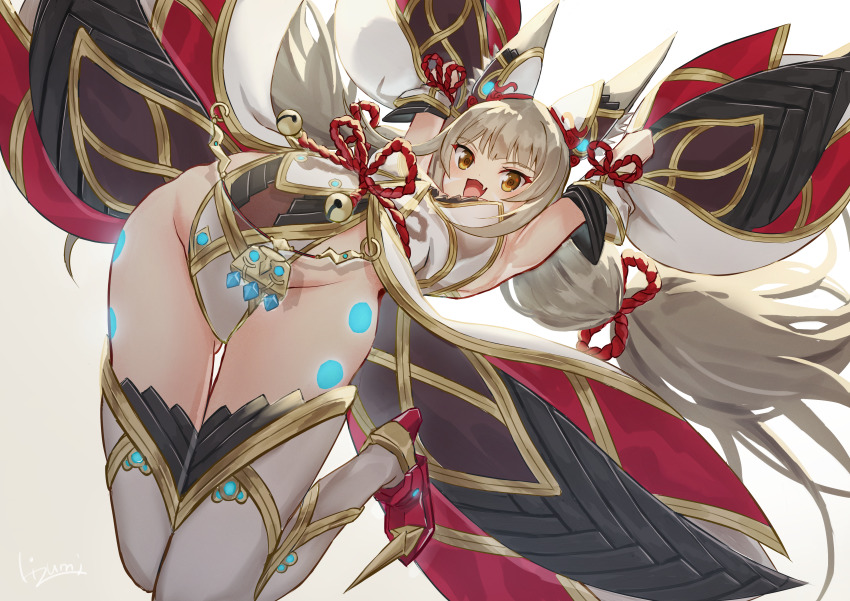1girl :d absurdres animal_ears armpits bent_over_backwards breasts detached_sleeves facial_mark fang full_body gluteal_fold highleg highleg_leotard highres jumping leotard looking_at_viewer making-of_available nia_(blade)_(xenoblade) nia_(xenoblade) open_mouth revision simple_background small_breasts smile solo takahashi_hizumi thighhighs white_background xenoblade_chronicles_(series) xenoblade_chronicles_2