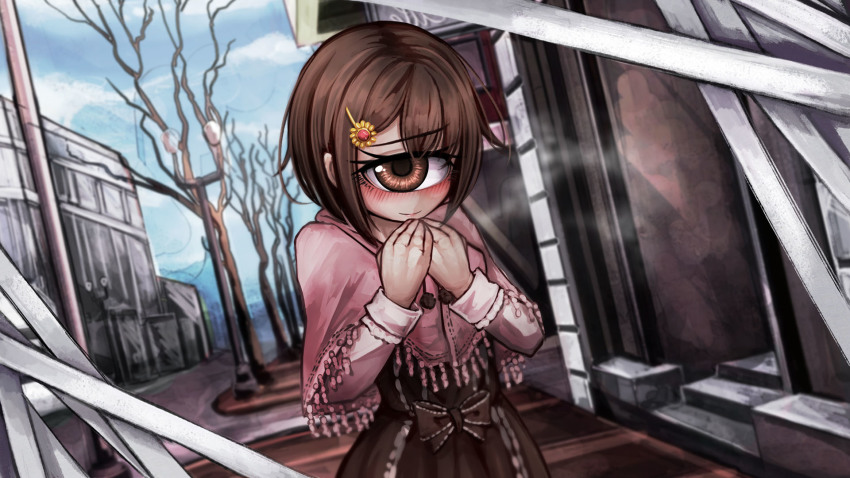 1girl bare_tree blush brown_eyes brown_hair capelet cyclops female_focus hair_ornament hairclip hands_on_own_chest highres hitomebore lamppost looking_at_viewer official_art one-eyed outdoors own_hands_together ray-k short_hair smile solo tree usui_sachi