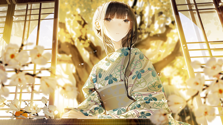 1girl arrow_(projectile) atha_(leejuiping) blurry blurry_background blush brown_eyes brown_hair depth_of_field flower glint hamaya highres japanese_clothes kimono long_hair obi open_mouth original parted_lips print_kimono sash solo striped_clothes striped_kimono vertical-striped_clothes vertical-striped_kimono yukata