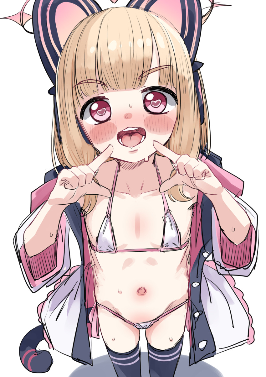 1girl animal_ear_headphones animal_ears bikini black_thighhighs blonde_hair blue_archive blush cat_ear_headphones cat_ears cat_tail collarbone commentary fake_animal_ears fake_tail flat_chest halo headphones heart heart-shaped_pupils highres jacket loli long_sleeves looking_at_viewer medium_hair momendoufu momoi_(blue_archive) navel open_mouth pink_eyes pink_halo romaji_commentary simple_background sketch solo swimsuit symbol-shaped_pupils tail teeth thighhighs tongue tongue_out white_background white_bikini white_jacket