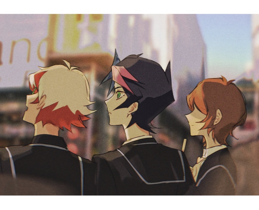 1girl 2boys bad_id bad_lofter_id black_hair black_jacket blue_hair blurry blurry_background brown_hair city collared_jacket collared_shirt depth_of_field expressionless from_behind fujiki_yusaku glasses green_eyes grey_hair highres homura_takeru jacket light_smile looking_to_the_side multicolored_hair multiple_boys naoki_(2rzmcaizerails6) open_mouth outdoors photo_background pink_hair red_hair shirt short_hair standing twilight upper_body white_shirt yu-gi-oh! yu-gi-oh!_vrains zaizen_aoi