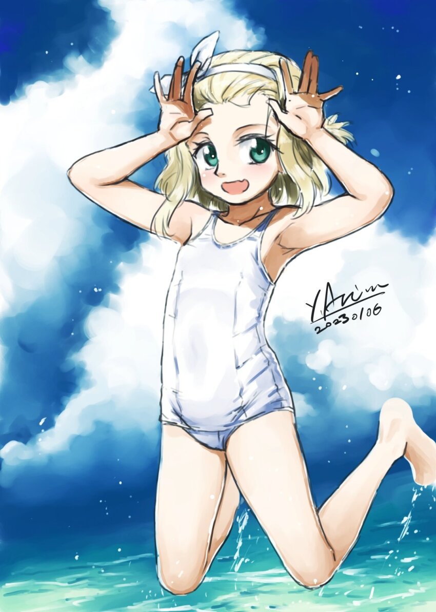 1girl arimura_yuu barefoot blonde_hair blue_sky cloud commentary_request dated green_eyes hairband hashtag-only_commentary highres i-504_(kancolle) jumping kantai_collection looking_at_viewer luigi_torelli_(kancolle) one-piece_swimsuit school_swimsuit short_hair signature sky solo swimsuit water white_hairband white_one-piece_swimsuit