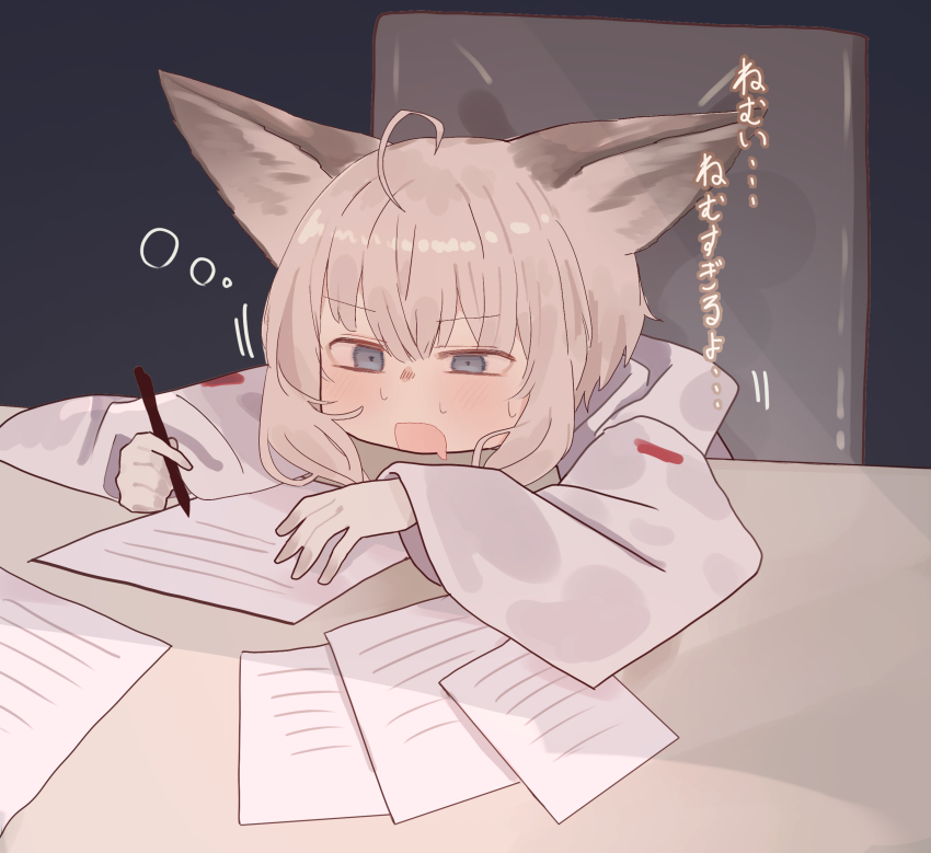 1girl ahoge animal_ears arknights blue_eyes chair commentary_request drooling gloves grey_hair highres holding holding_pen jacket leaning leaning_on_table long_sleeves motion_lines mouth_drool on_chair open_mouth paper pen short_hair sketch sleepy solo squeans sussurro_(arknights) suzubotan sweat translated white_gloves white_jacket wide_sleeves working writing