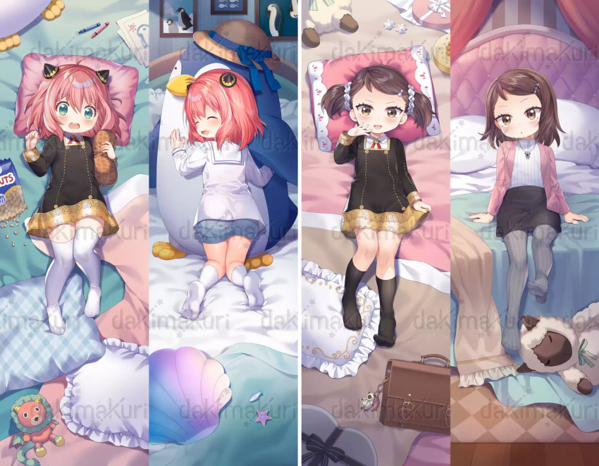 2girls :d anya_(spy_x_family) bag becky_blackbell black_dress black_skirt black_socks blue_shorts blush briefcase brown_eyes brown_hair collared_shirt commentary_request craytm curtains dakimakura_(object) dress frilled_pillow frills green_eyes grey_pantyhose hair_between_eyes hair_ornament hairclip highres indoors jacket multiple_girls multiple_views no_shoes on_bed open_mouth pantyhose peanut pillow pink_hair pink_jacket ribbed_pantyhose ribbed_shirt sailor_collar school_briefcase school_uniform shirt shorts skirt smile socks spy_x_family stuffed_animal stuffed_penguin stuffed_toy swept_bangs thighhighs twintails watermark white_sailor_collar white_shirt white_socks white_thighhighs