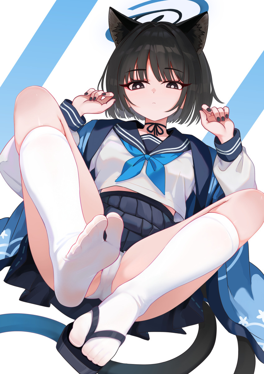 1girl :&lt; absurdres animal_ear_fluff animal_ears black_eyes black_hair black_nails black_ribbon black_sailor_collar black_sandals black_skirt blue_archive blue_halo blue_haori blue_neckerchief blunt_bangs bright_pupils cameltoe cat_ears cat_girl closed_mouth commentary expressionless extra_ears feet foreshortening full_body hair_intakes halo hands_up haori highres japanese_clothes kikyou_(blue_archive) kimono_on_shoulders kneehighs knees_apart_feet_together legs linhangwei long_sleeves looking_at_viewer miniskirt multiple_tails nail_polish neck_ribbon neckerchief no_shoes panties pleated_skirt ribbon right_shoe_removed sailor_collar sandals school_uniform serafuku shirt short_hair simple_background single_sandal sitting skindentation skirt socks soles solo spread_legs straight_hair tabi tail toes two_tails underwear white_background white_panties white_pupils white_shirt white_socks