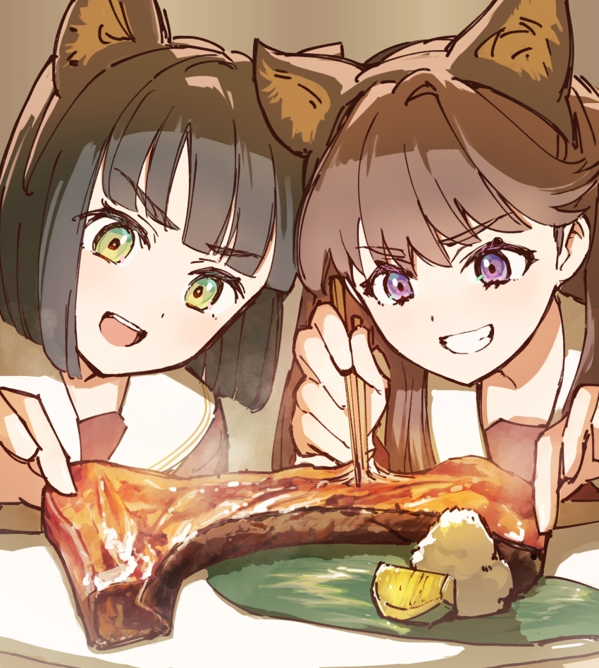 2girls :d animal_ear_hairband animal_ears black_hair black_hairband blunt_bangs blunt_ends brown_background brown_dress brown_hair cat_ear_hairband cat_ears chopsticks commentary_request dress fake_animal_ears food fruit fujishima_megumi green_eyes grin hairband hasu_no_sora_school_uniform highres holding holding_chopsticks holding_food holding_with_chopsticks lao_ren_xing leaf lime_(fruit) lime_slice link!_like!_love_live! long_hair long_sleeves love_live! momose_ginko multiple_girls open_mouth purple_eyes rice sailor_collar sailor_dress school_uniform short_hair simple_background smile steak steam teeth two_side_up upper_body upper_teeth_only v-shaped_eyebrows virtual_youtuber white_sailor_collar winter_uniform