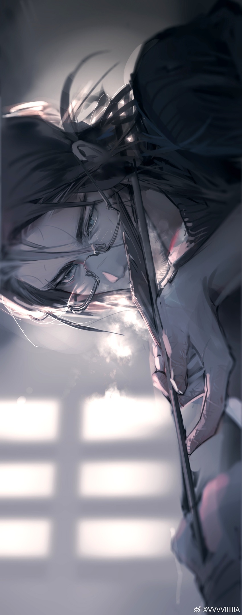 1boy absurdres arknights arrow_(projectile) brown_hair eboda-x glass hair_between_eyes highres holding holding_arrow holding_weapon long_hair male_focus multicolored_hair shirt solo streaked_hair totter_(arknights) weapon white_hair