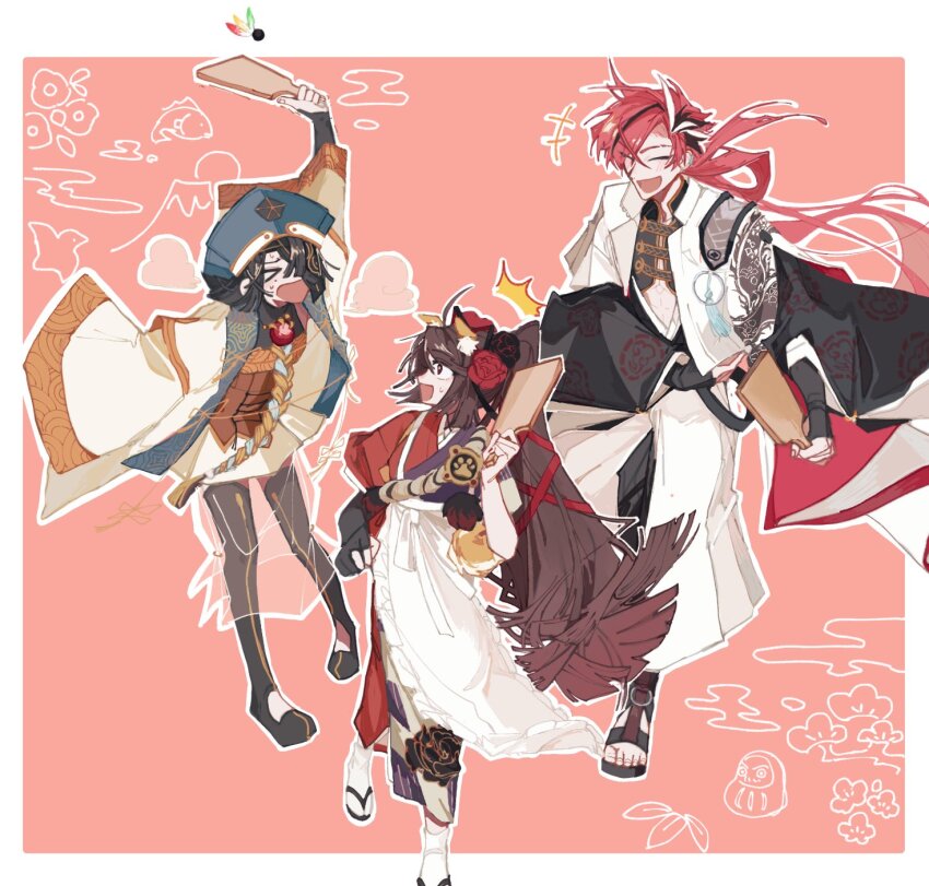 &gt;_&lt; 1boy 2girls ahoge animal_ears apron black_hair brown_hair dog_ears fate/grand_order fate_(series) gloves hagoita hair_over_one_eye hane_(hanetsuki) hanetsuki hat highres japanese_clothes kimono kurechi kyokutei_bakin_(fate) long_hair mole mole_under_eye multiple_girls paddle partially_fingerless_gloves ponytail red_hair takasugi_shinsaku_(fate) thighhighs xu_fu_(fate) xu_fu_(first_ascension)_(fate)