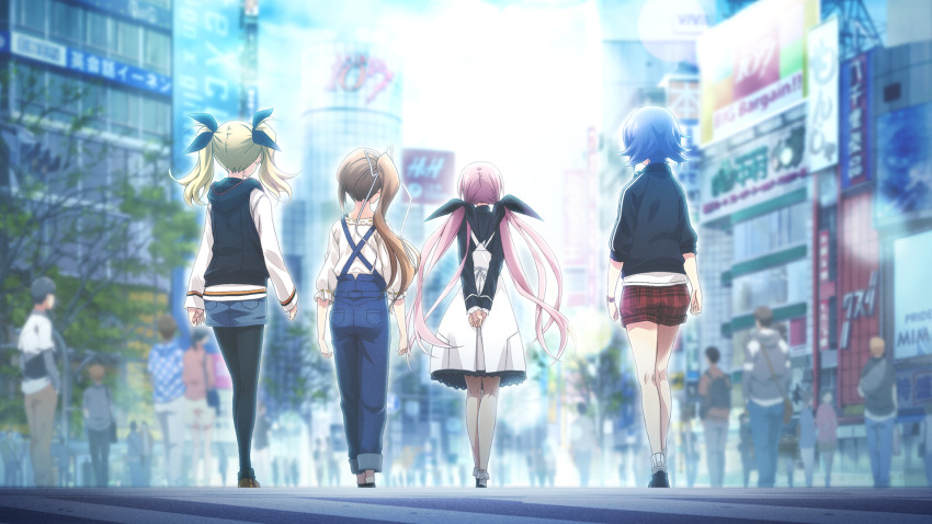 4girls ankle_socks arimura_hinae arms_behind_back back_ribbon black_pantyhose black_socks black_sweater blonde_hair blue_hair blue_overalls blue_pants blue_shorts bow bracelet brown_hair brown_shoes chaos;child city cityscape collar dress dress_ribbon frilled_collar frills from_behind game_cg hair_bow hair_ribbon highres hood hooded_vest hoodie jacket jewelry kazuki_hana kneepits loafers long_hair minamisawa_senri multiple_girls multiple_hair_bows non-web_source official_art overalls own_hands_clasped own_hands_together pants pantyhose pantyhose_under_shorts pinafore_dress pink_hair plaid_clothes plaid_shorts pocket puffy_sleeves ribbon sasaki_mutsumi shibuya_(tokyo) shirt shoes short_hair shorts sidelocks sleeveless sleeveless_dress sleeveless_hoodie socks striped_sleeves sweater tokyo_(city) track_jacket turtleneck turtleneck_sweater twintails urban vest white_ribbon white_shirt white_sleeves white_socks yamazoe_uki