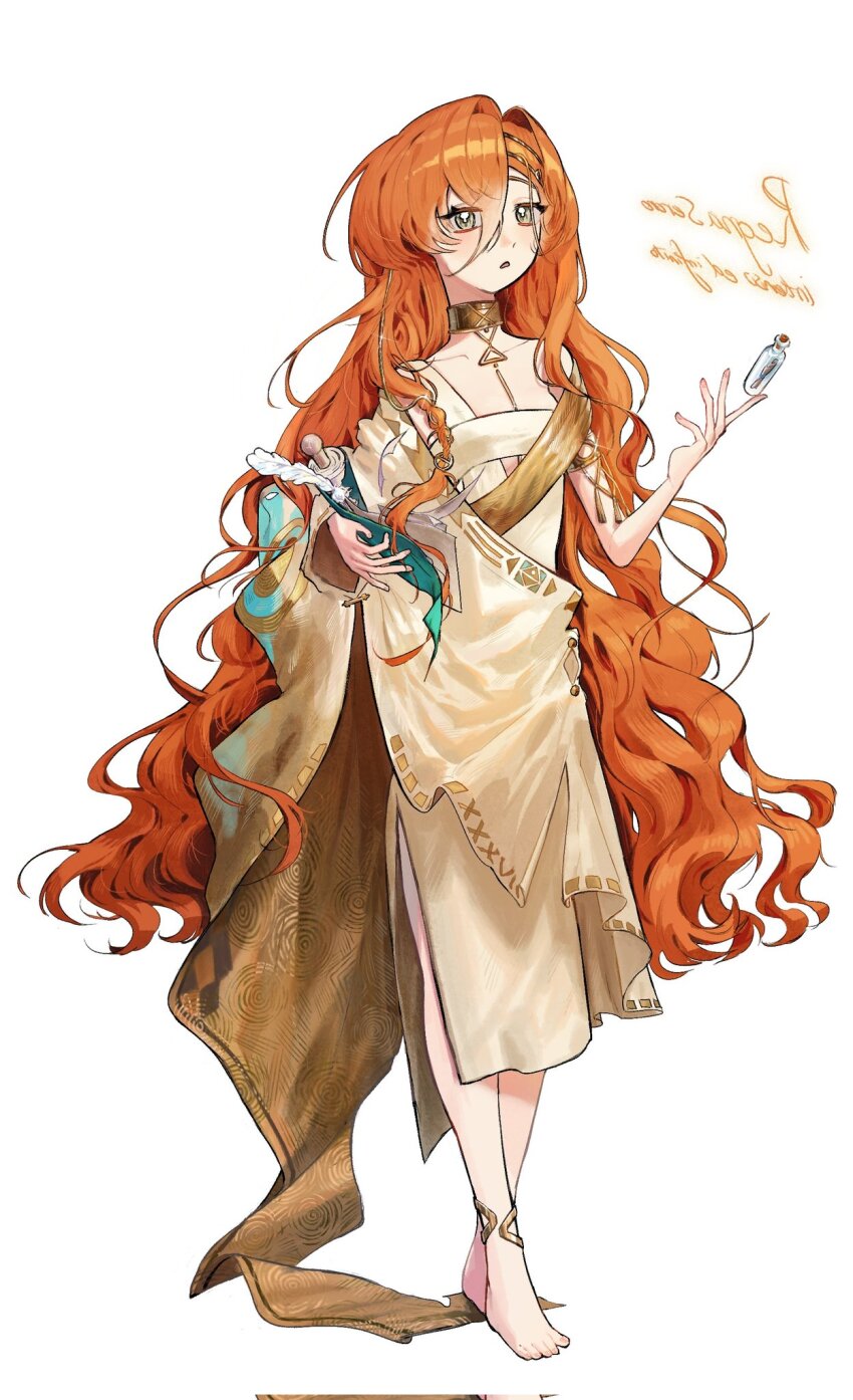 1girl 37_(reverse:1999) 37_(reverse:1999)_(cosplay) alternate_hairstyle ancient_greek_clothes anklet bare_shoulders barefoot bottle cosplay full_body gold_choker greco-roman_clothes grey_eyes hair_between_eyes hibissukssurussuk highres holding holding_scroll italian_text jewelry long_hair looking_up message_in_a_bottle parted_lips reverse:1999 scroll solo sonetto_(reverse:1999) standing toga very_long_hair wavy_hair white_background