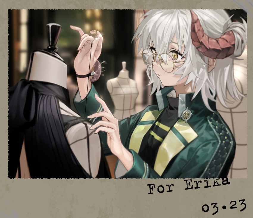 1girl absurdres blurry blurry_background border english_text fingernails glasses glint green_jacket hair_between_eyes highres holding holding_needle horns jacket long_fingernails mannequin mist_sequence needle open_clothes open_jacket padded_jacket parted_lips red_horns sewing sewing_needle short_hair slit_pupils solo tailor thread upper_body white_hair xiao_chichi yellow-framed_eyewear yellow_eyes