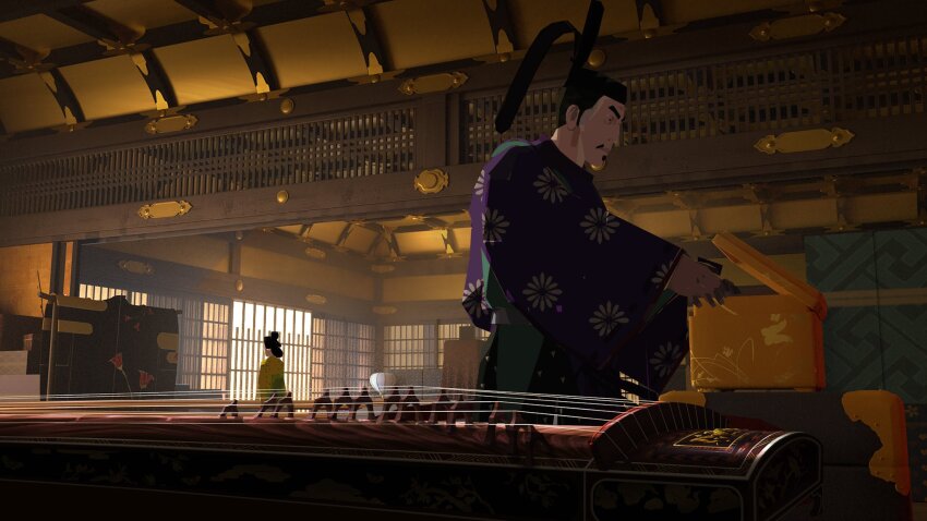 1boy 1girl architecture black_hair blue_eye_samurai box commentary concept_art east_asian_architecture english_commentary facial_hair from_below hairstyle_request hat highres indoors instrument japanese_clothes kikumon kimono koto_(instrument) netflix opening purple_kimono short_hair standing tate_eboshi yellow_kimono yun_ling