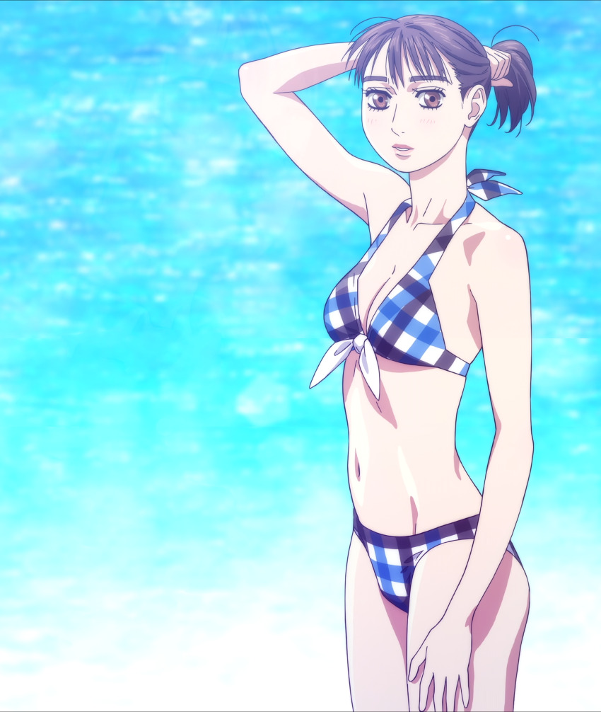 1girl absurdres anime_screenshot beach belly bikini blue_bikini breasts cleavage hair_up hairtail hairtie highres looking_at_viewer medium_breasts mf_ghost navel ocean official_art panties saionji_ren solo stitched swimsuit third-party_edit underwear water